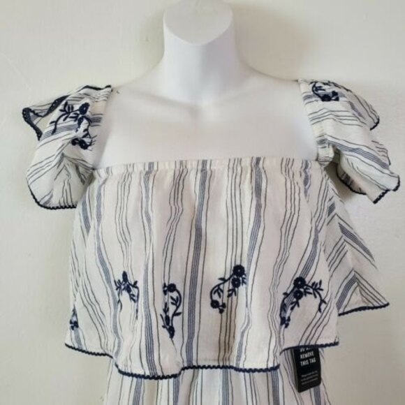 Express Top XS White Striped Floral Embroidered Boho Tunic Coastal Beach Casual - Picture 2 of 9